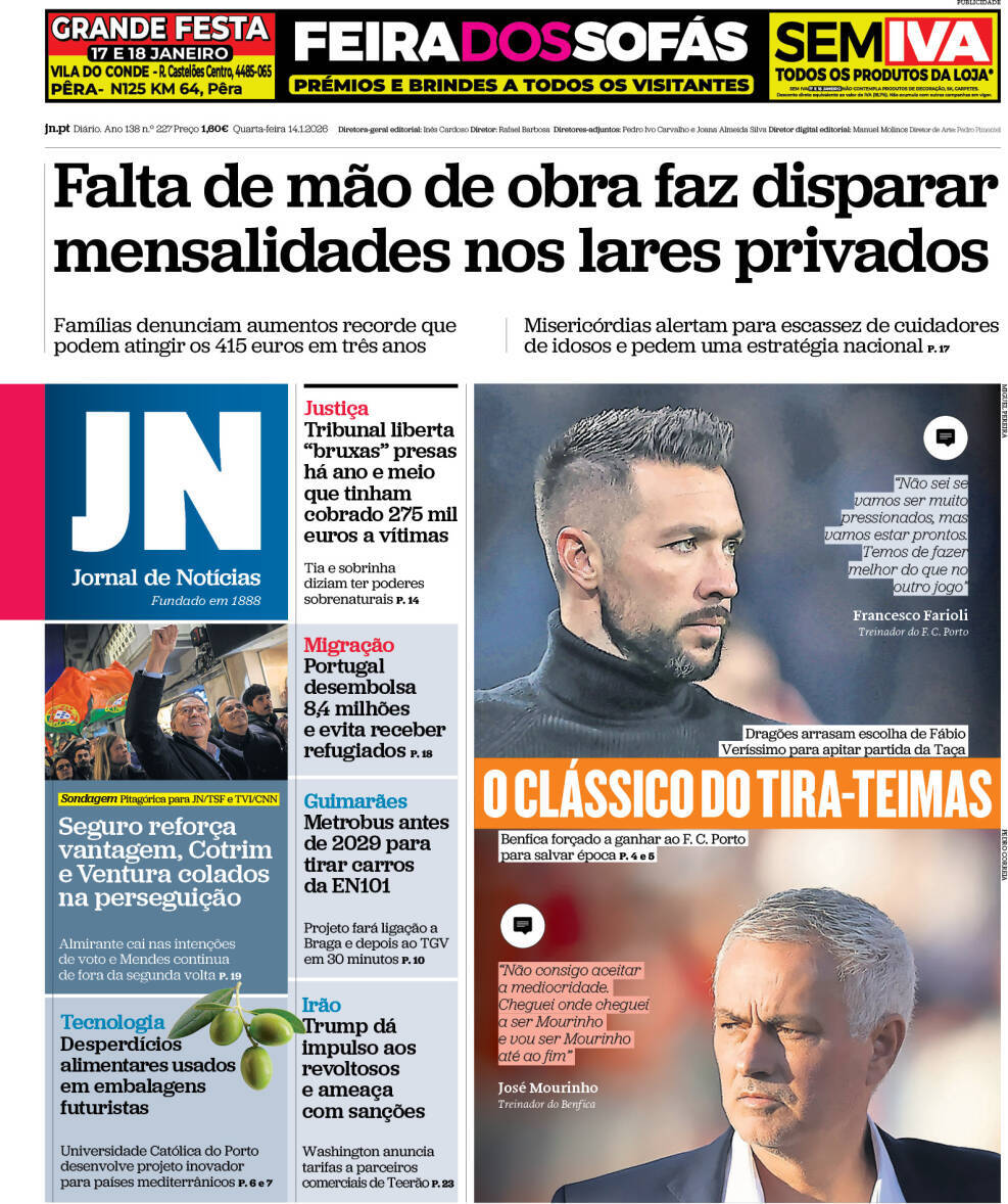 Jornal de Not&iacute;cias: Capa da Edi&ccedil;&atilde;o de quarta-feira, 14 de janeiro 2026