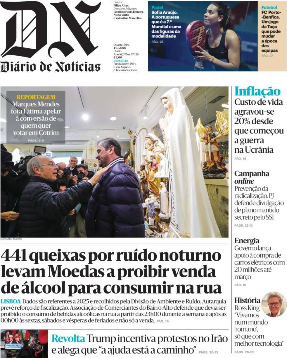 Di&aacute;rio de Not&iacute;cias: Capa da Edi&ccedil;&atilde;o de quarta-feira, 14 de janeiro 2026