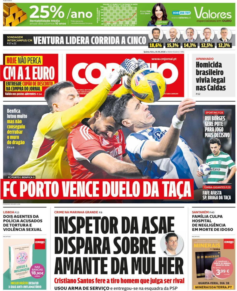 Correio da Manh&atilde;: Capa da Edi&ccedil;&atilde;o de quinta-feira, 15 de janeiro 2026