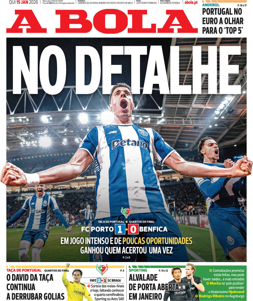 A Bola: Capa da Edi&ccedil;&atilde;o de quinta-feira, 15 de janeiro 2026