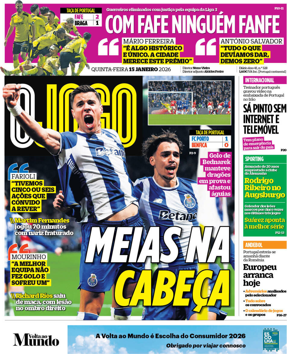 O Jogo: Capa da Edi&ccedil;&atilde;o de quinta-feira, 15 de janeiro 2026