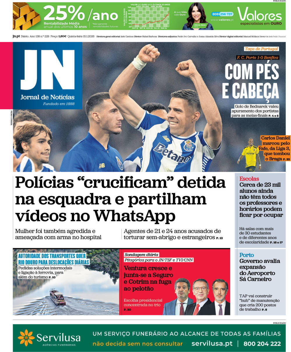 Jornal de Not&iacute;cias: Capa da Edi&ccedil;&atilde;o de quinta-feira, 15 de janeiro 2026
