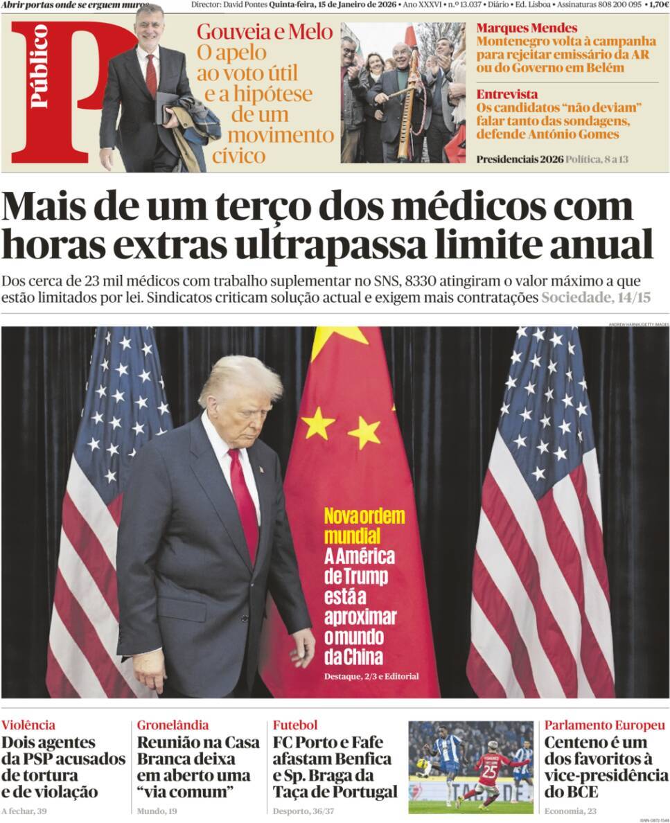 P&uacute;blico: Capa da Edi&ccedil;&atilde;o de quinta-feira, 15 de janeiro 2026