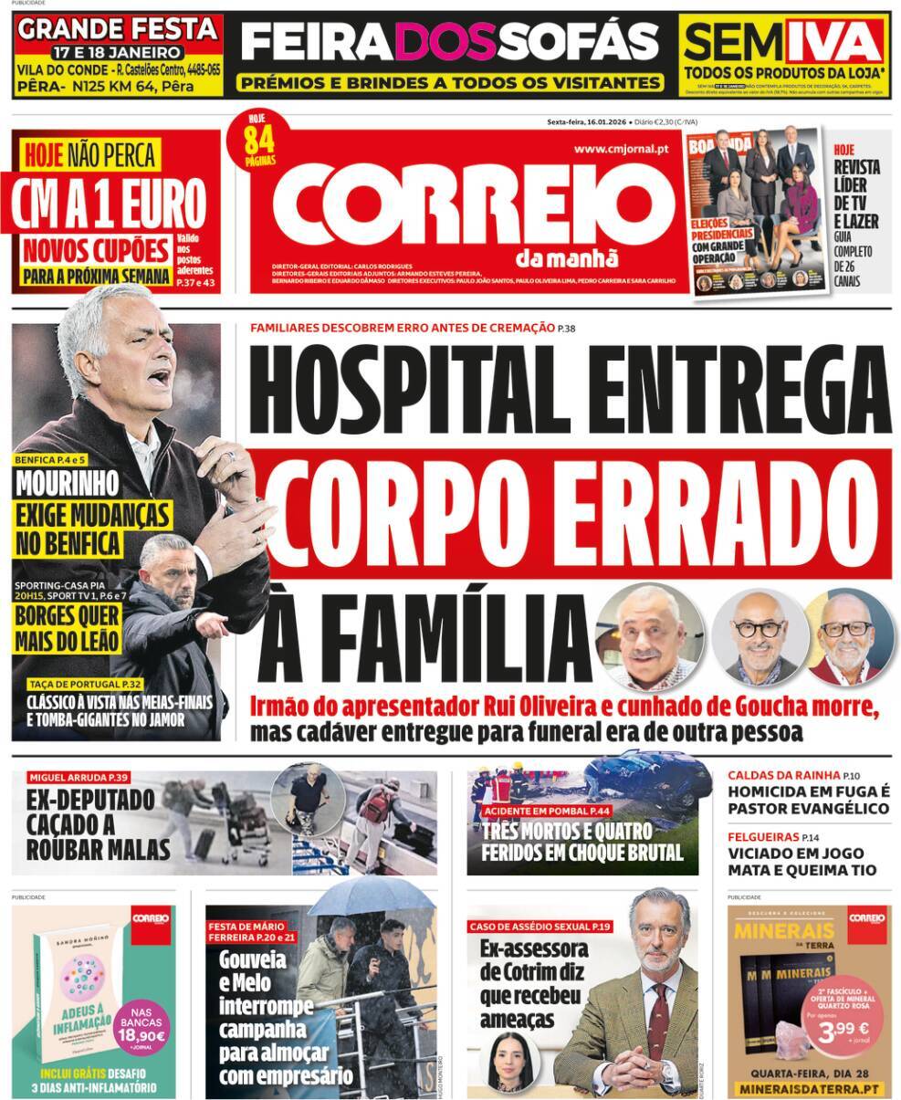 Correio da Manh&atilde;: Capa da Edi&ccedil;&atilde;o de sexta-feira, 16 de janeiro 2026