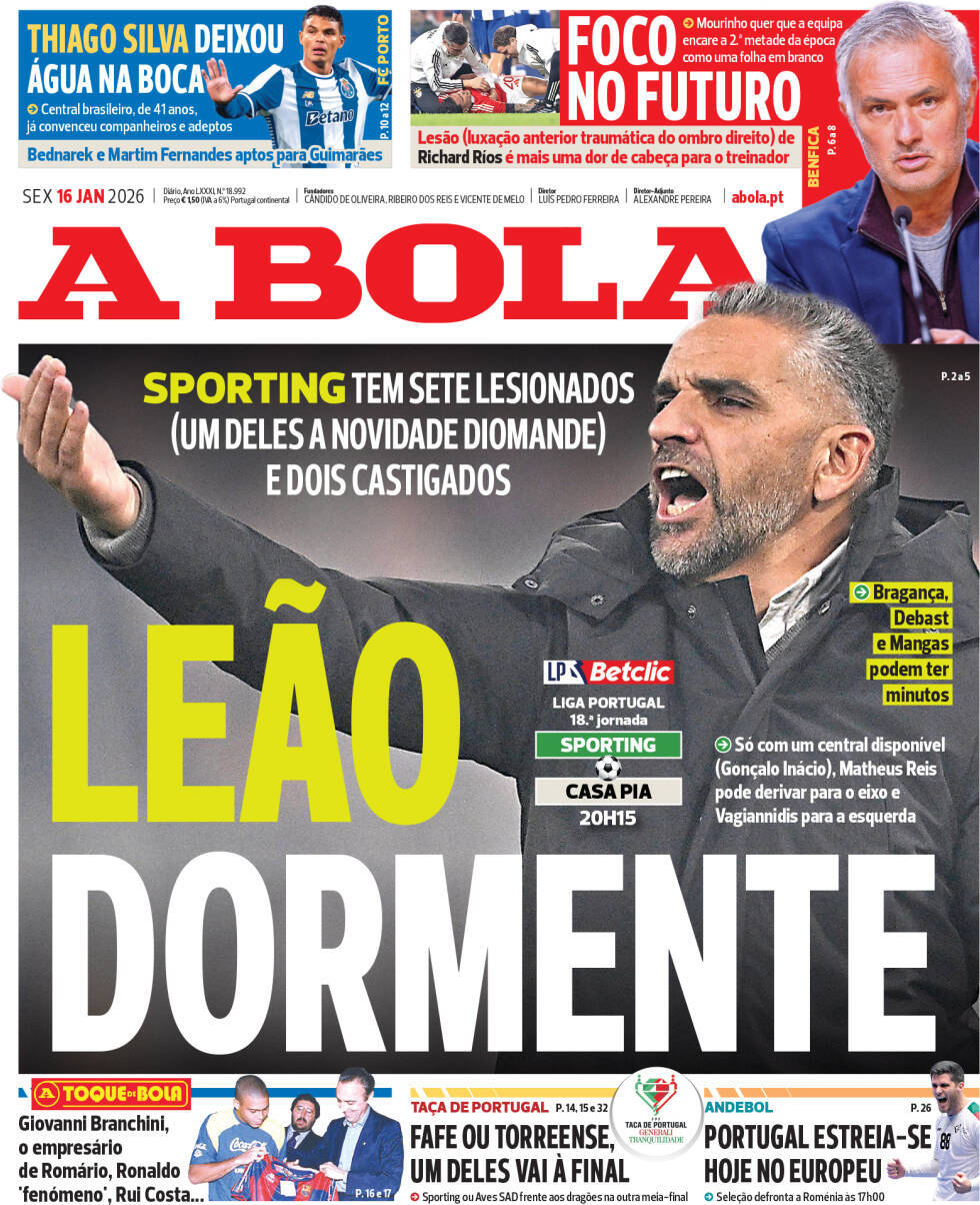 A Bola: Capa da Edi&ccedil;&atilde;o de sexta-feira, 16 de janeiro 2026