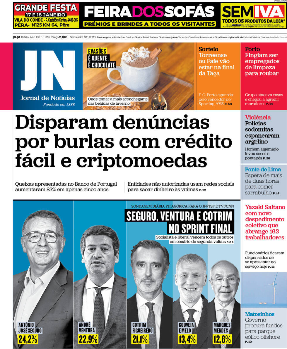 Jornal de Not&iacute;cias: Capa da Edi&ccedil;&atilde;o de sexta-feira, 16 de janeiro 2026