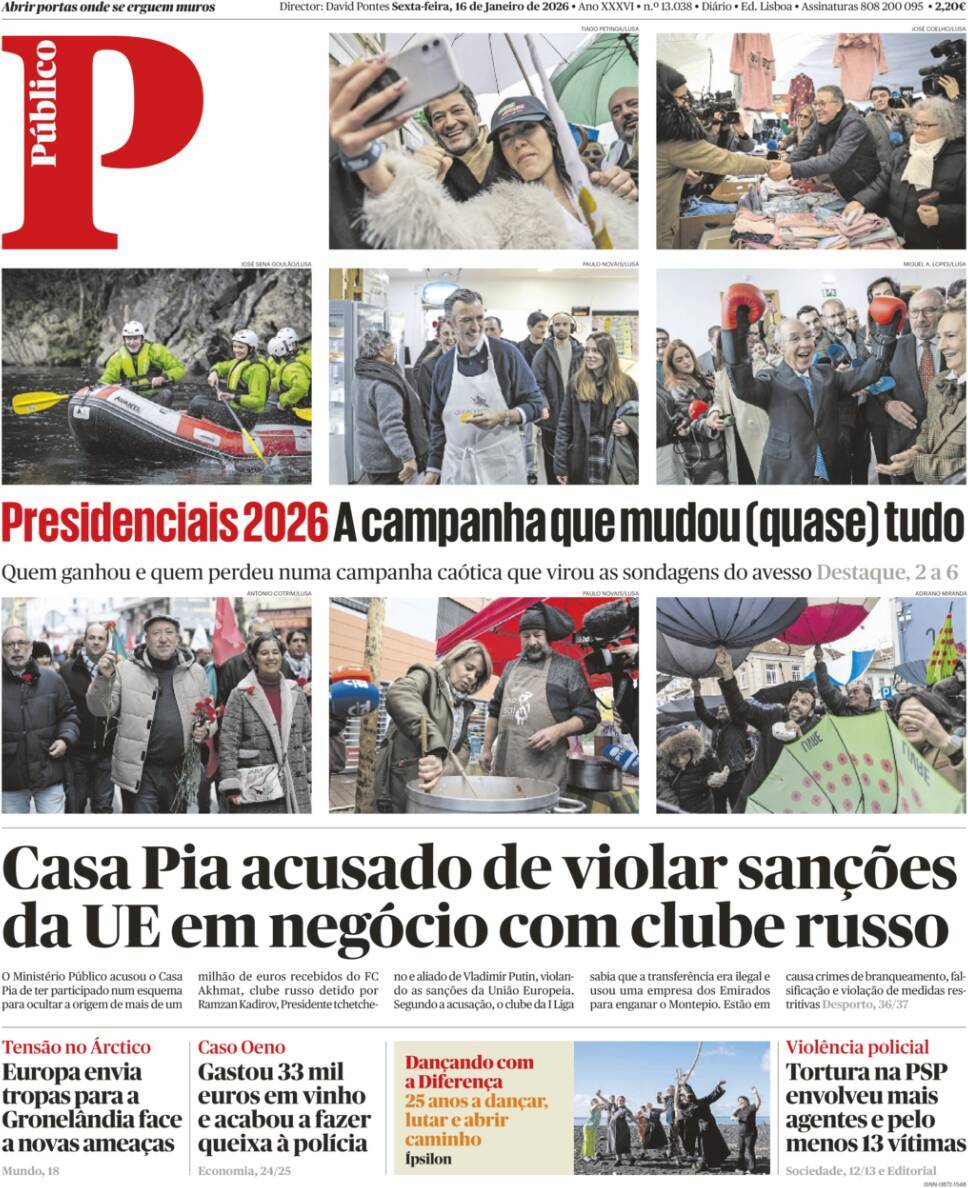P&uacute;blico: Capa da Edi&ccedil;&atilde;o de sexta-feira, 16 de janeiro 2026