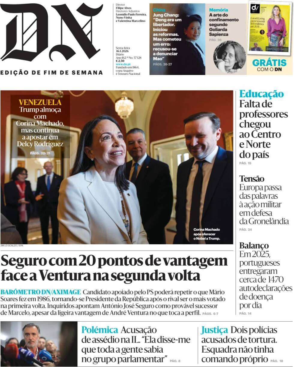 Di&aacute;rio de Not&iacute;cias: Capa da Edi&ccedil;&atilde;o de sexta-feira, 16 de janeiro 2026