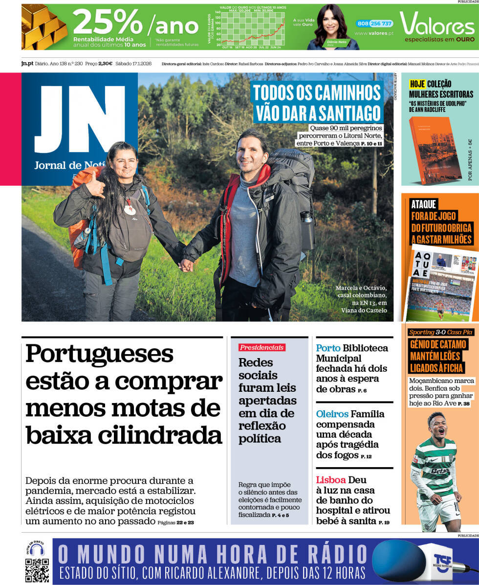 Jornal de Not&iacute;cias: Capa da Edi&ccedil;&atilde;o de s&aacute;bado, 17 de janeiro 2026