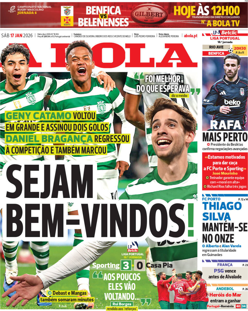 A Bola: Capa da Edi&ccedil;&atilde;o de s&aacute;bado, 17 de janeiro 2026