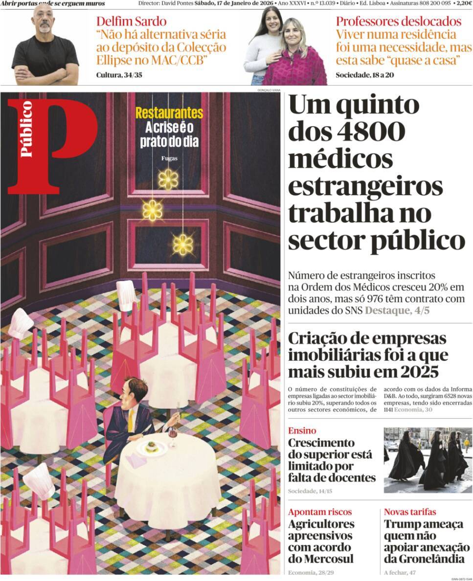 P&uacute;blico: Capa da Edi&ccedil;&atilde;o de s&aacute;bado, 17 de janeiro 2026