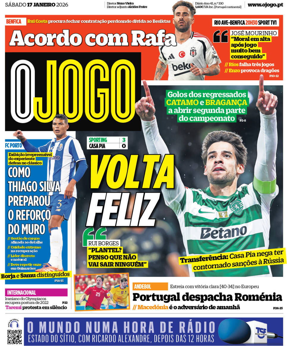 O Jogo: Capa da Edi&ccedil;&atilde;o de s&aacute;bado, 17 de janeiro 2026