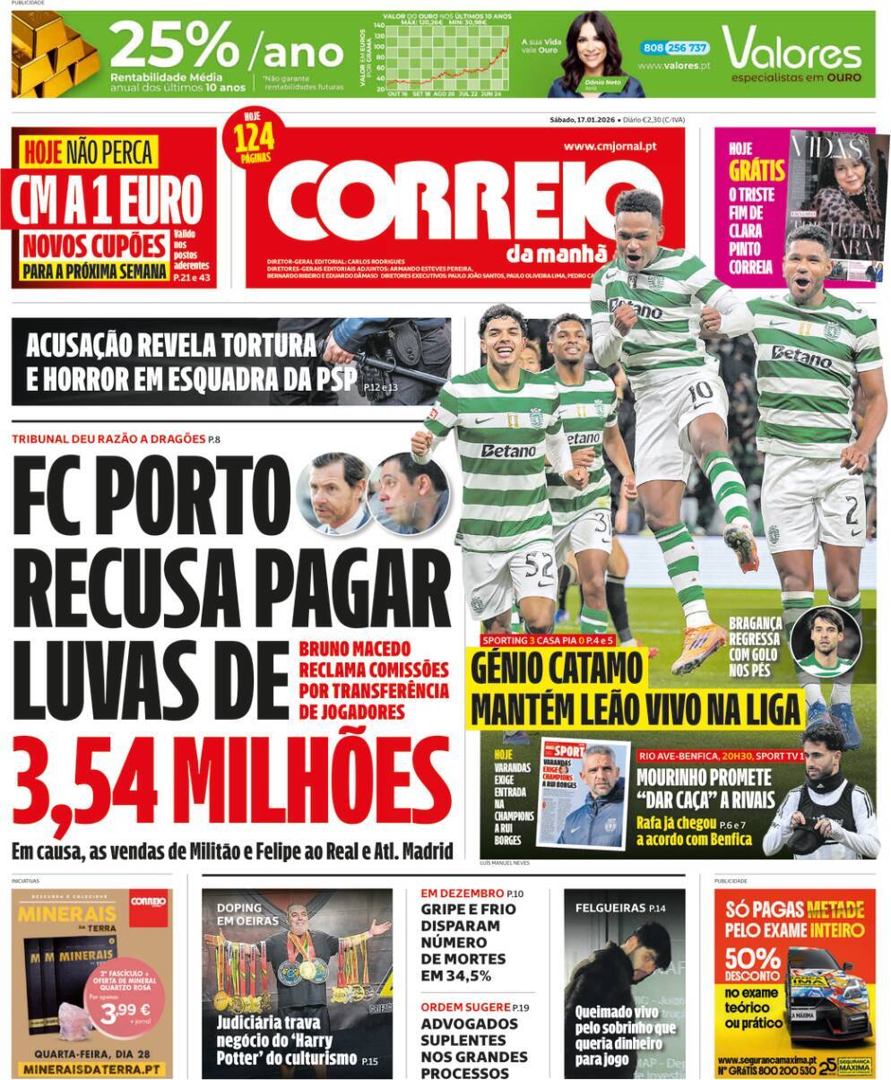 Correio da Manh&atilde;: Capa da Edi&ccedil;&atilde;o de s&aacute;bado, 17 de janeiro 2026