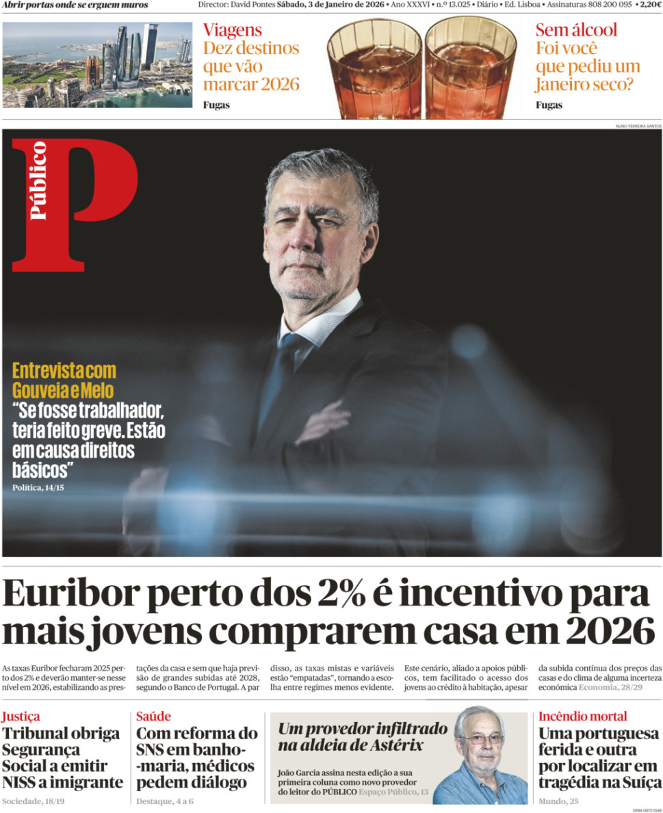 P&uacute;blico: Capa da Edi&ccedil;&atilde;o de s&aacute;bado, 03 de janeiro 2026