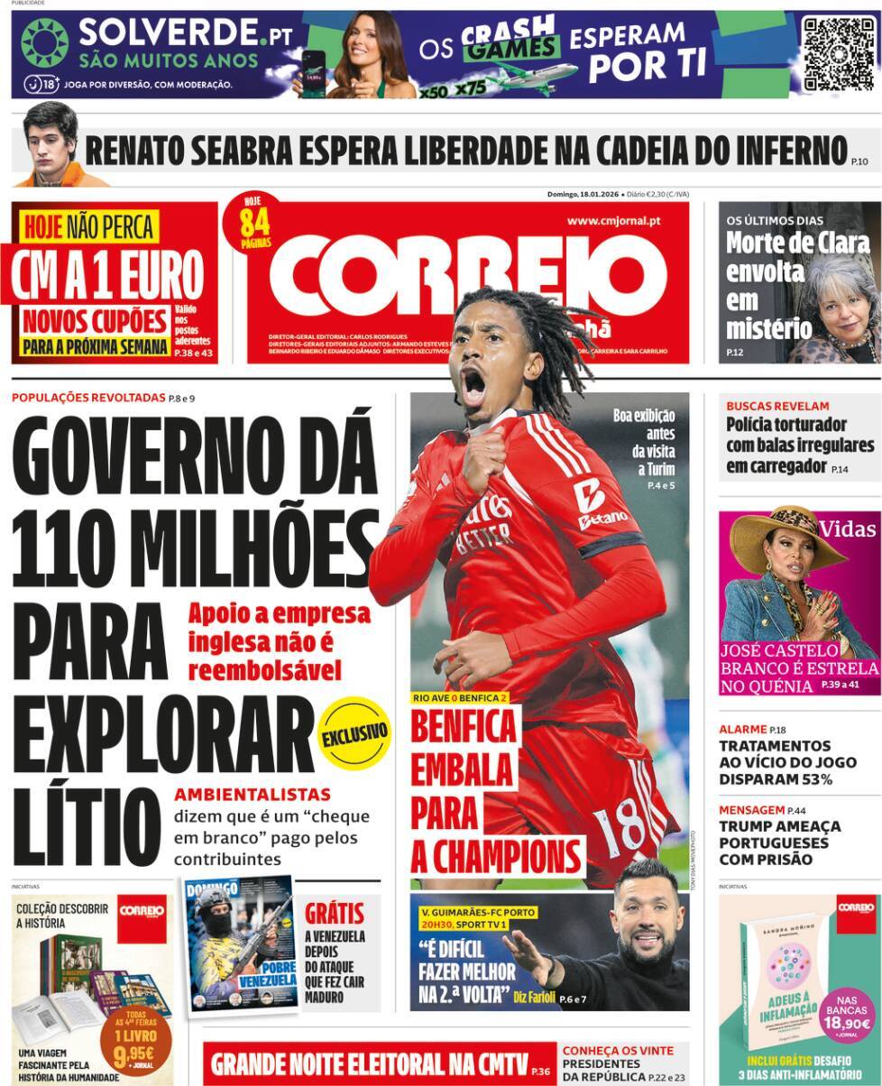 Correio da Manh&atilde;: Capa da Edi&ccedil;&atilde;o de domingo, 18 de janeiro 2026