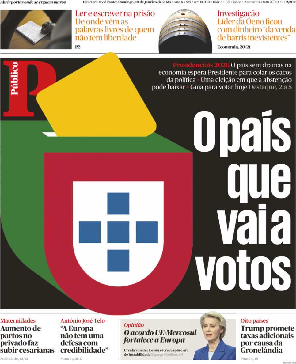 P&uacute;blico: Capa da Edi&ccedil;&atilde;o de domingo, 18 de janeiro 2026