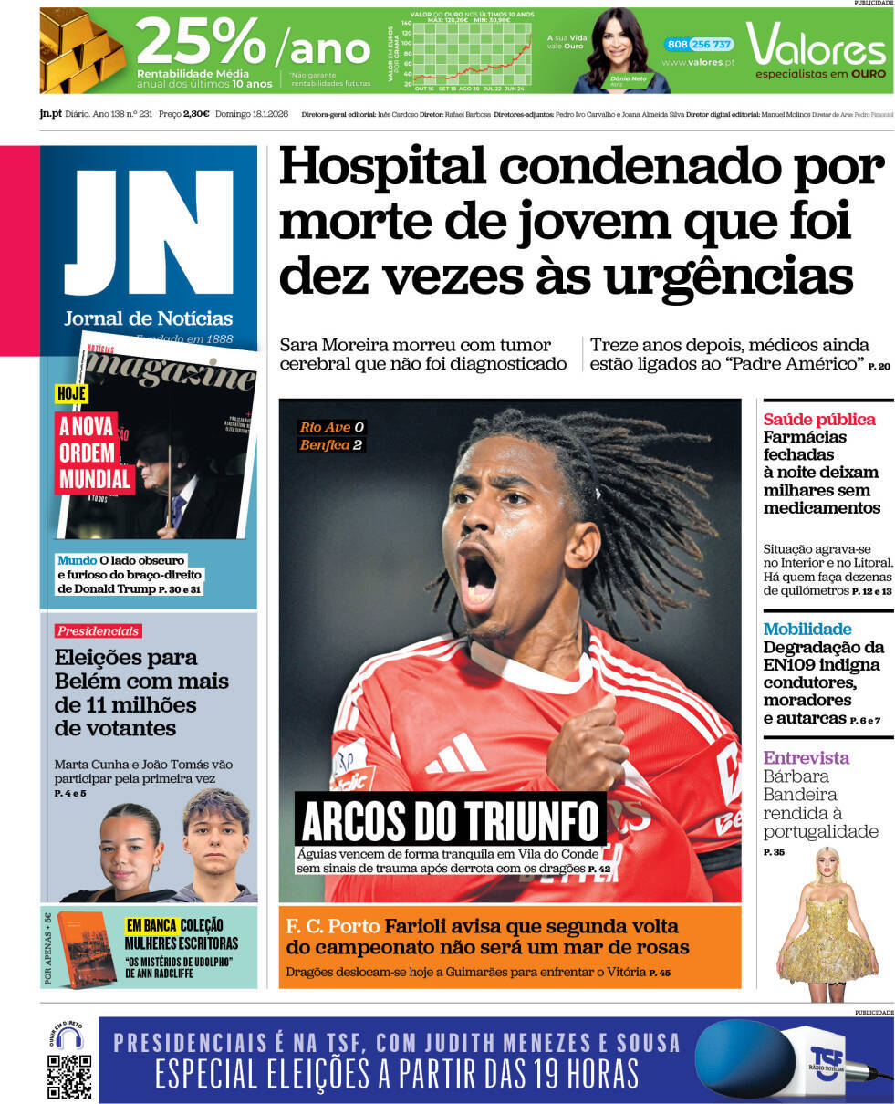 Jornal de Not&iacute;cias: Capa da Edi&ccedil;&atilde;o de domingo, 18 de janeiro 2026
