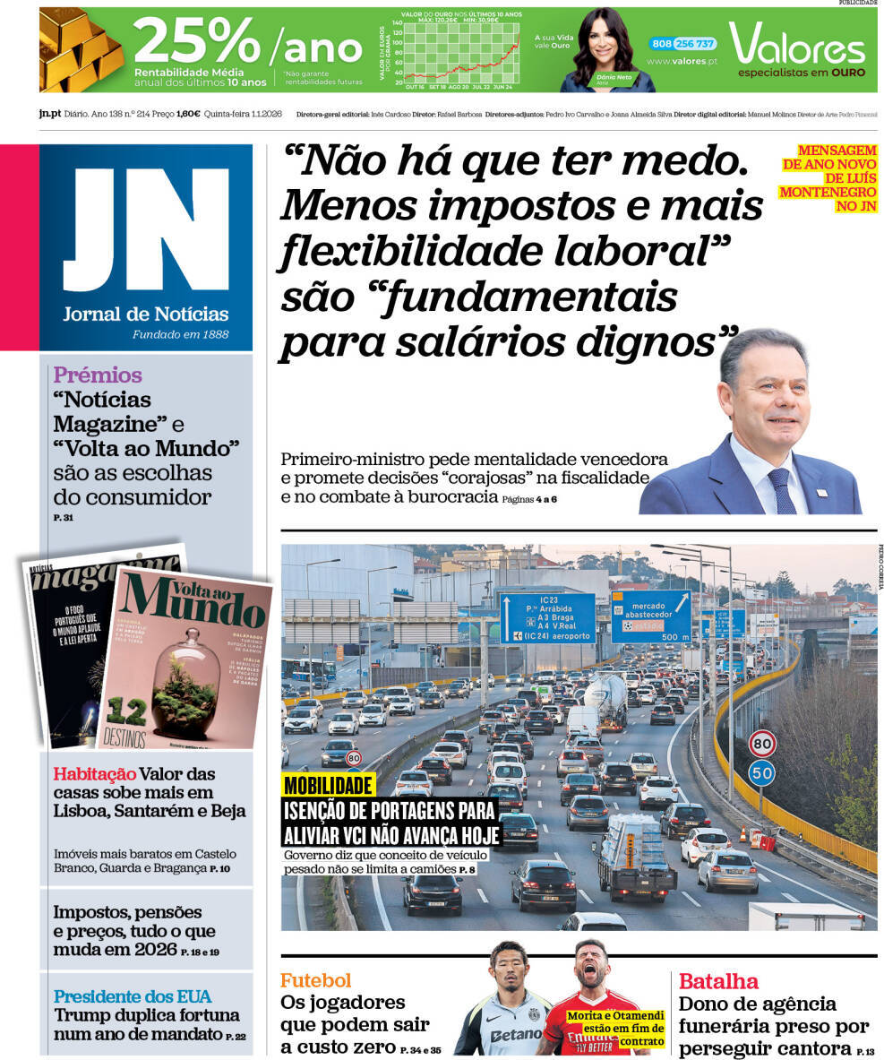 Jornal de Not&iacute;cias: Capa da Edi&ccedil;&atilde;o de quinta-feira, 01 de janeiro 2026