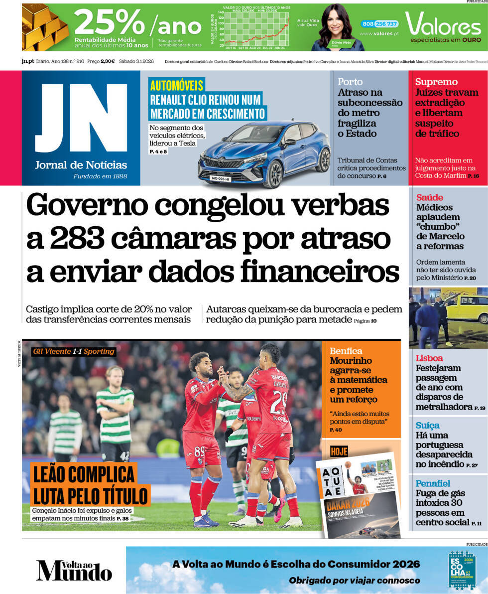 Jornal de Not&iacute;cias: Capa da Edi&ccedil;&atilde;o de s&aacute;bado, 03 de janeiro 2026