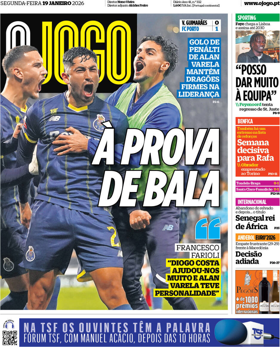O Jogo: Capa da Edi&ccedil;&atilde;o de segunda-feira, 19 de janeiro 2026