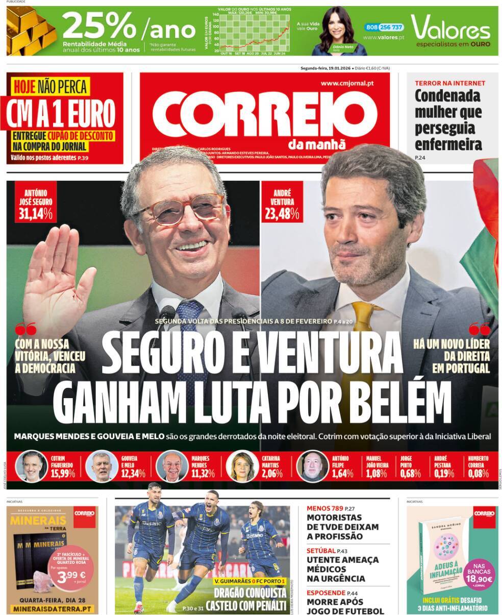 Correio da Manh&atilde;: Capa da Edi&ccedil;&atilde;o de segunda-feira, 19 de janeiro 2026