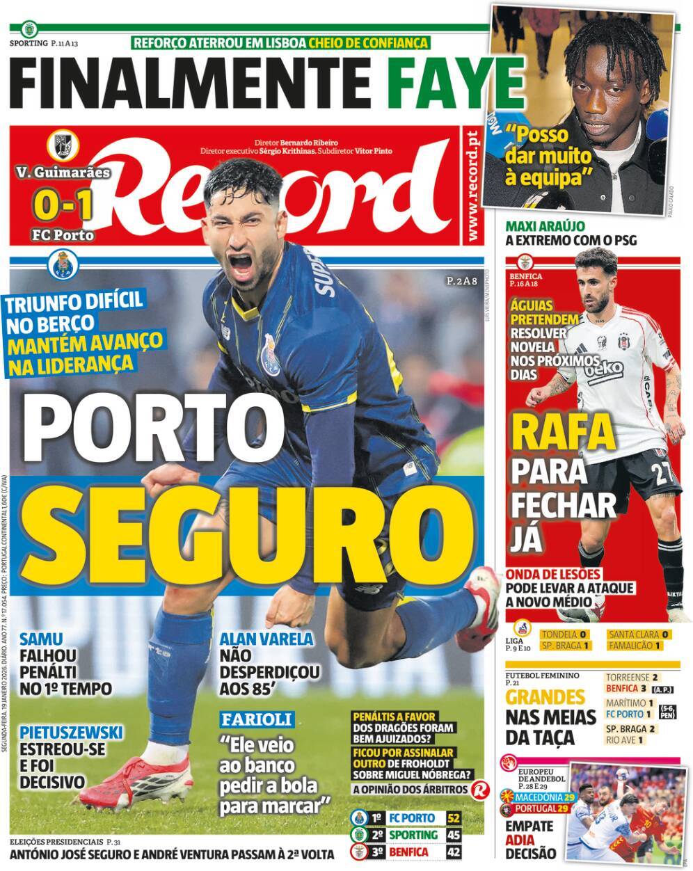 Jornal de Not&iacute;cias: Capa da Edi&ccedil;&atilde;o de segunda-feira, 19 de janeiro 2026