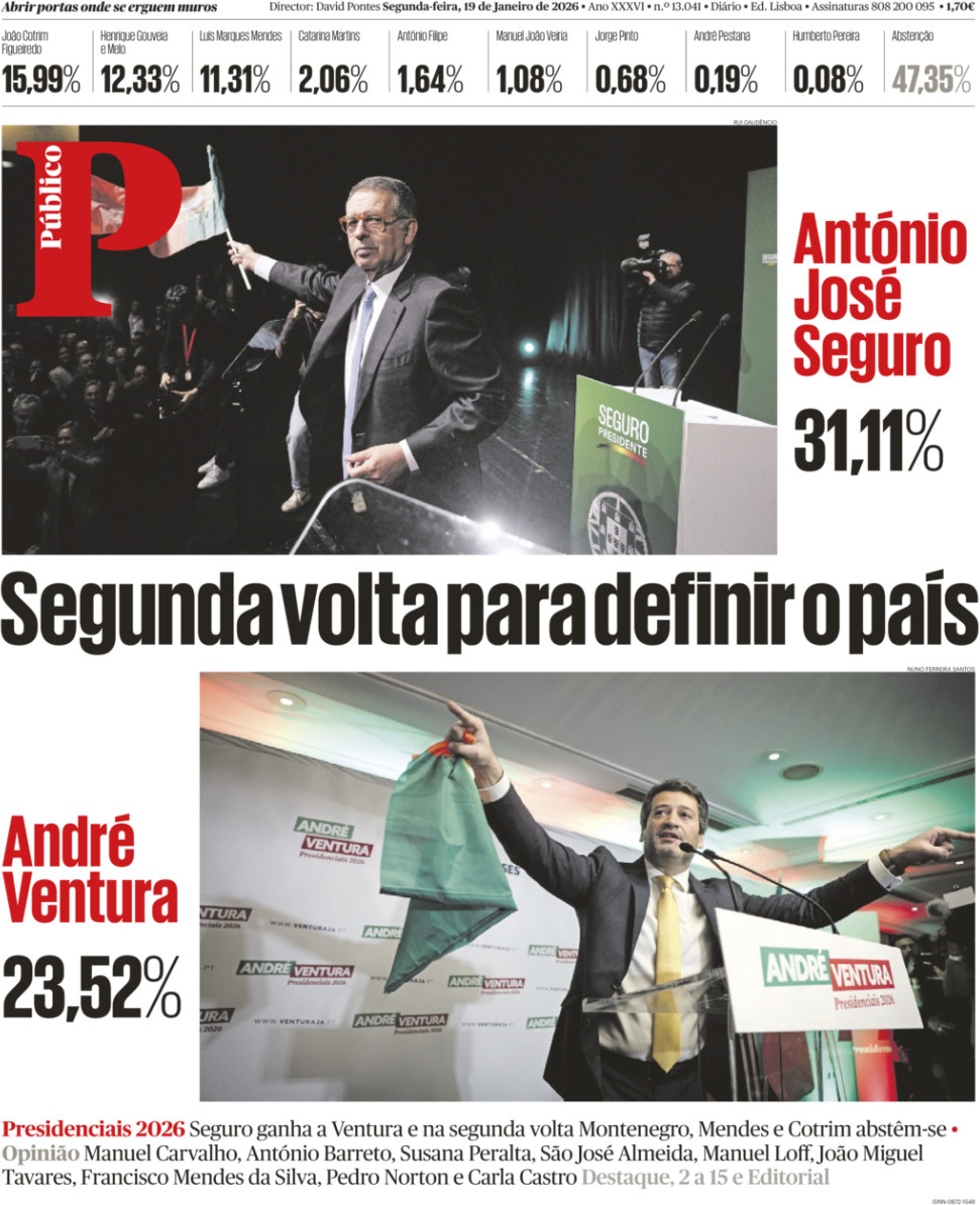 P&uacute;blico: Capa da Edi&ccedil;&atilde;o de segunda-feira, 19 de janeiro 2026
