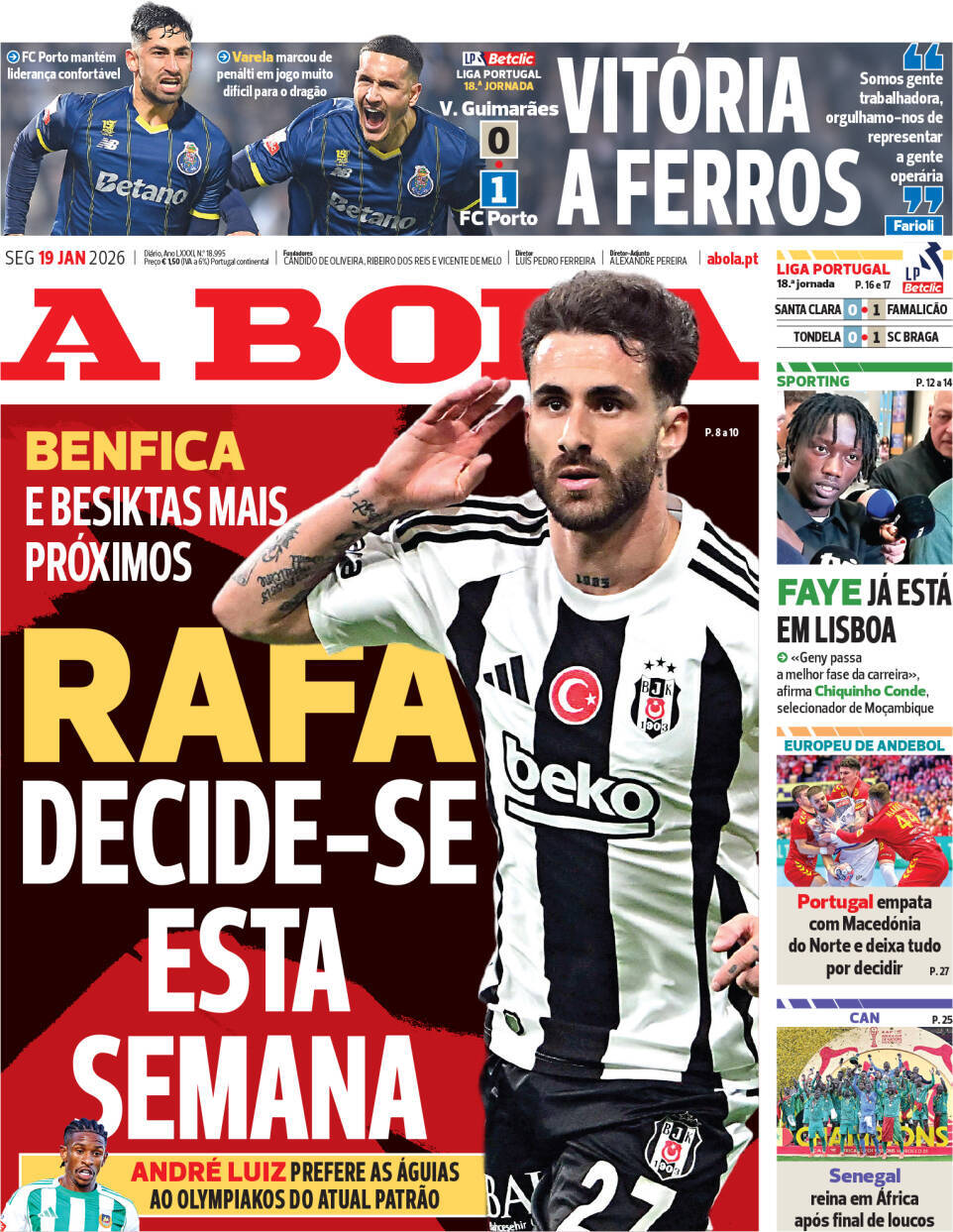 A Bola: Capa da Edi&ccedil;&atilde;o de segunda-feira, 19 de janeiro 2026