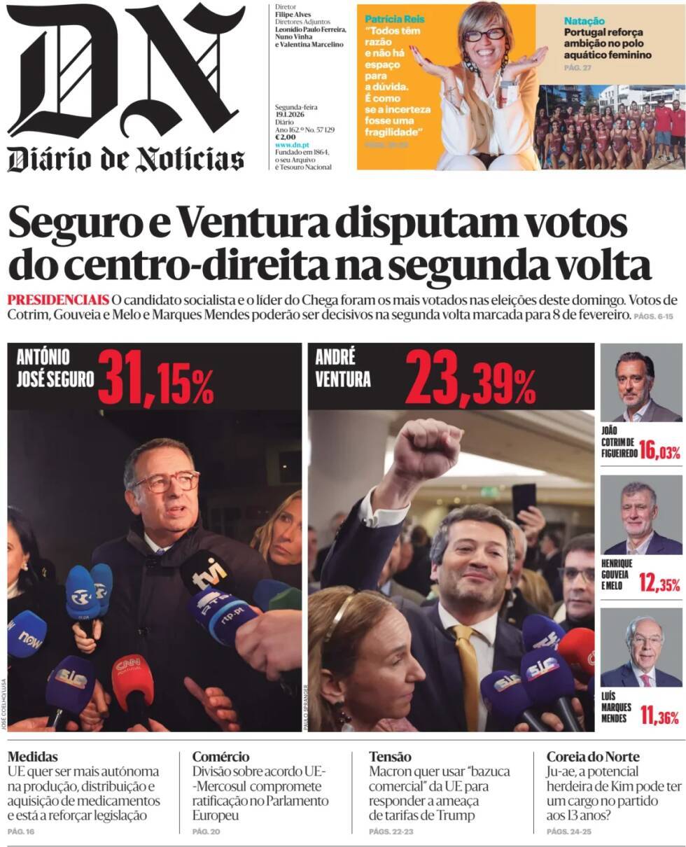 Di&aacute;rio de Not&iacute;cias: Capa da Edi&ccedil;&atilde;o de segunda-feira, 19 de janeiro 2026