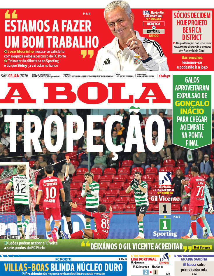 A Bola: Capa da Edi&ccedil;&atilde;o de s&aacute;bado, 03 de janeiro 2026