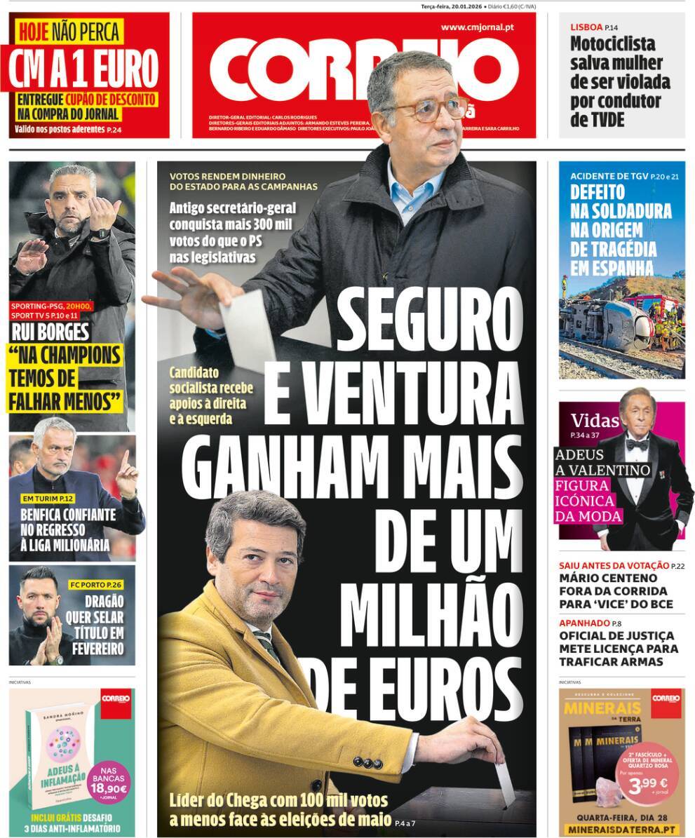 Correio da Manh&atilde;: Capa da Edi&ccedil;&atilde;o de ter&ccedil;a-feira, 20 de janeiro 2026