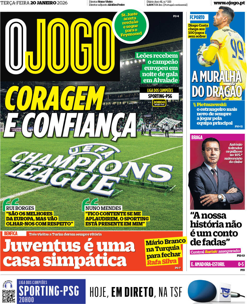 O Jogo: Capa da Edi&ccedil;&atilde;o de ter&ccedil;a-feira, 20 de janeiro 2026