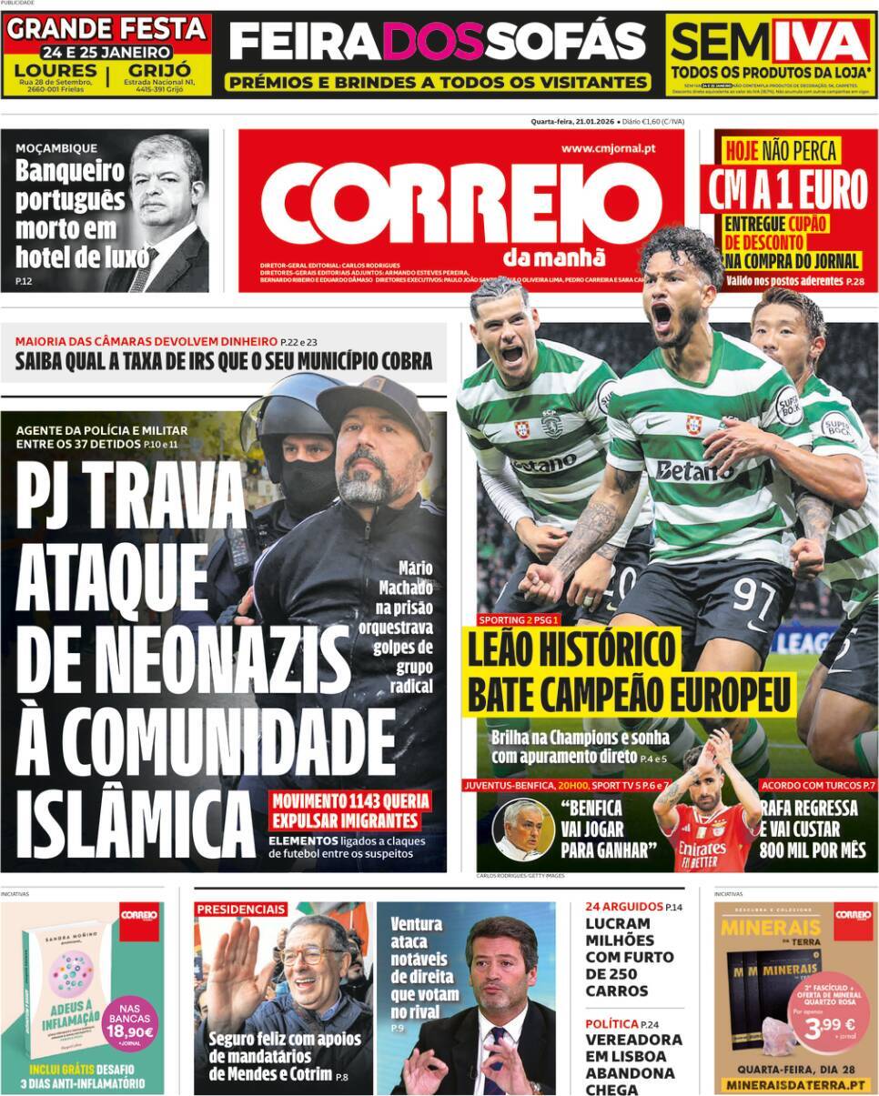Correio da Manh&atilde;: Capa da Edi&ccedil;&atilde;o de quarta-feira, 21 de janeiro 2026