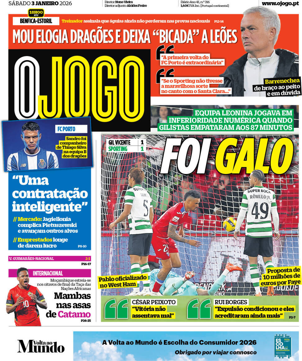 O Jogo: Capa da Edi&ccedil;&atilde;o de s&aacute;bado, 03 de janeiro 2026