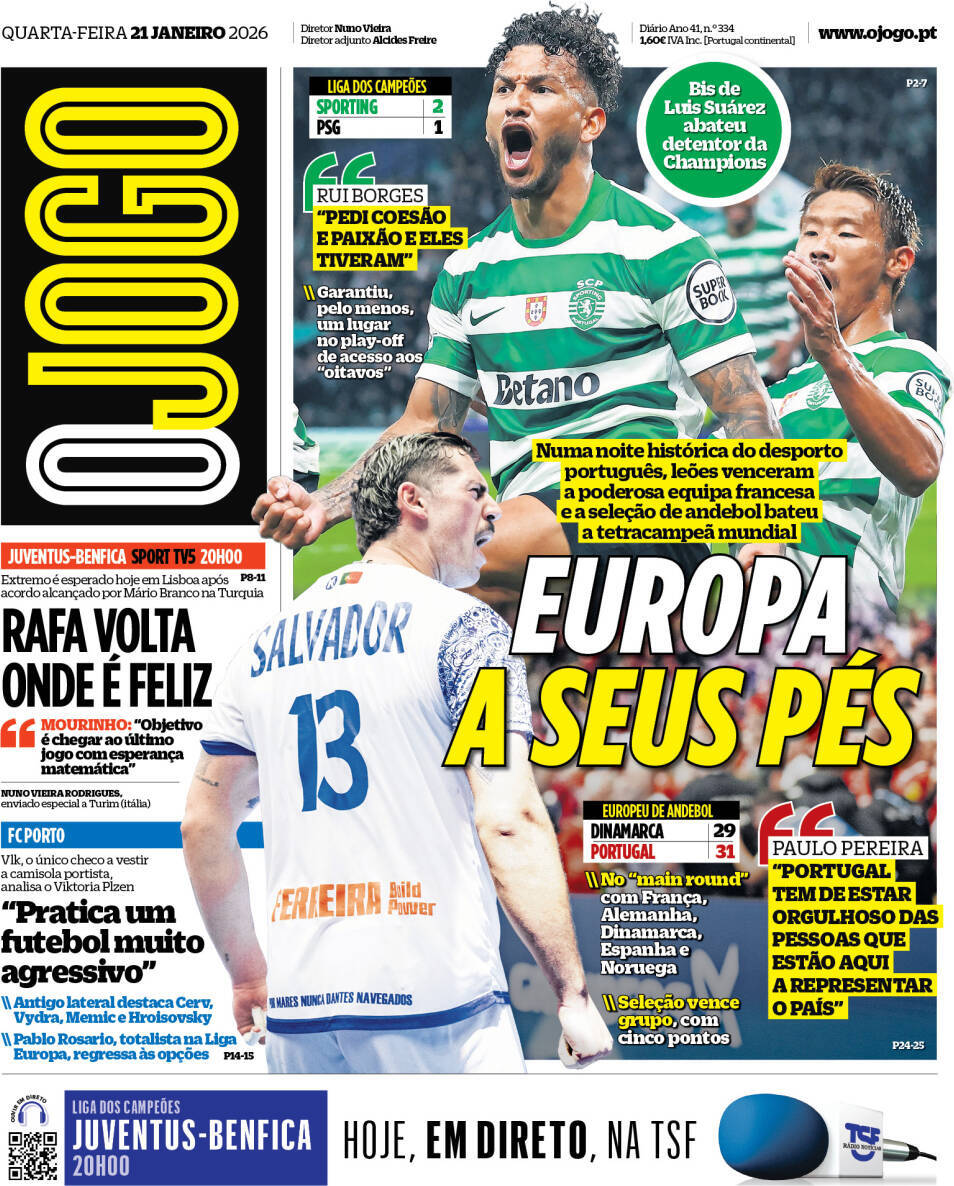 O Jogo: Capa da Edi&ccedil;&atilde;o de quarta-feira, 21 de janeiro 2026