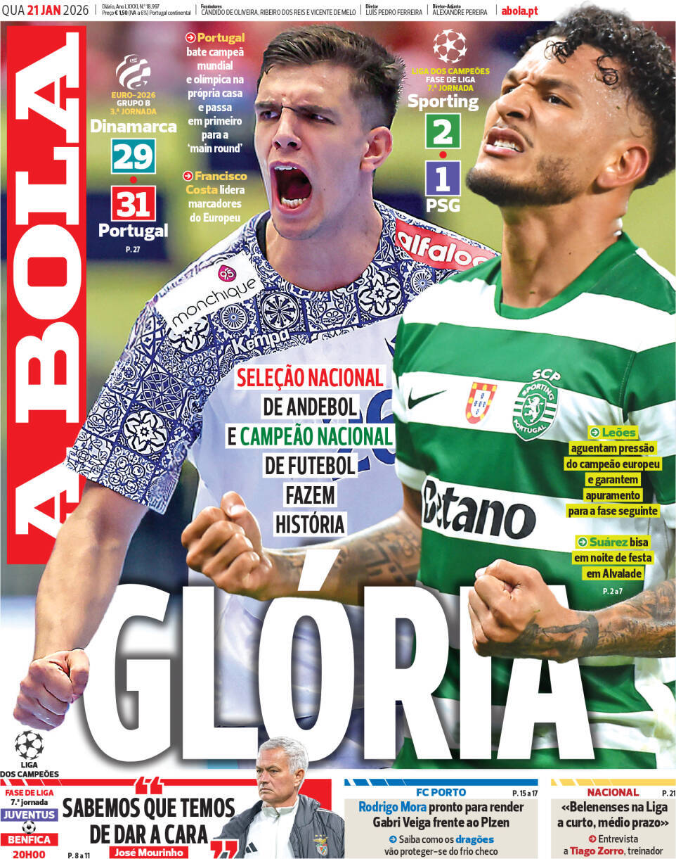 A Bola: Capa da Edi&ccedil;&atilde;o de quarta-feira, 21 de janeiro 2026