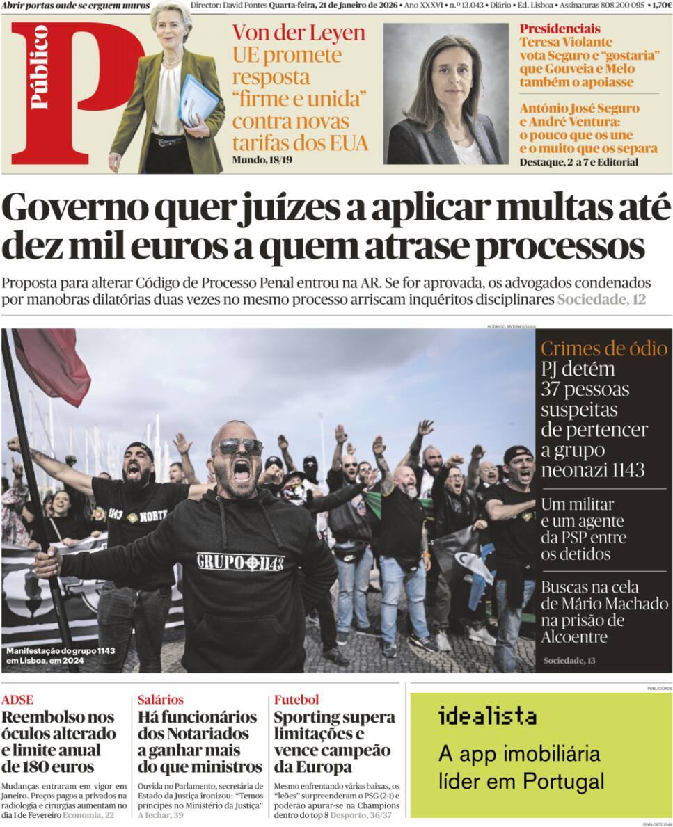 P&uacute;blico: Capa da Edi&ccedil;&atilde;o de quarta-feira, 21 de janeiro 2026