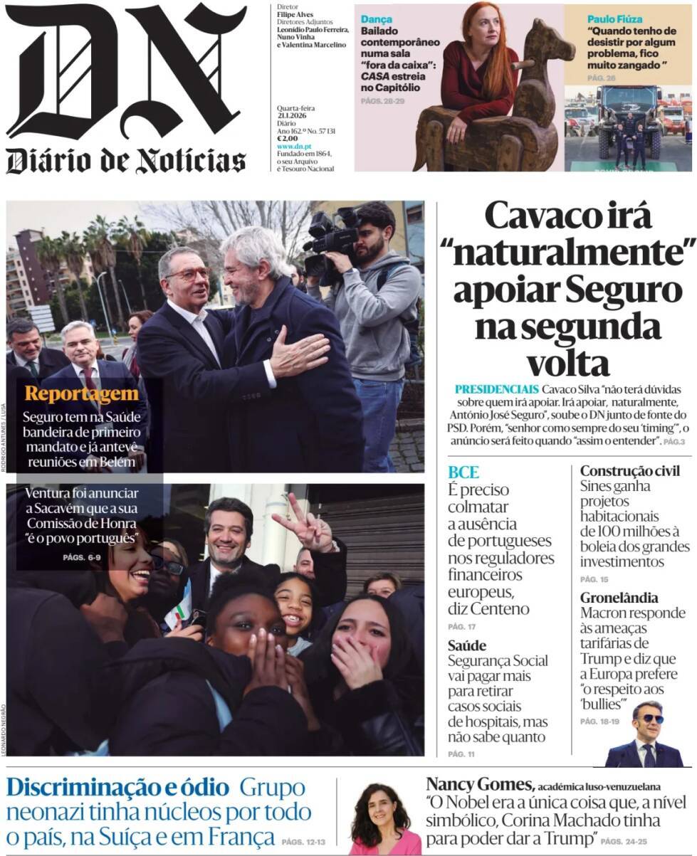 Di&aacute;rio de Not&iacute;cias: Capa da Edi&ccedil;&atilde;o de quarta-feira, 21 de janeiro 2026