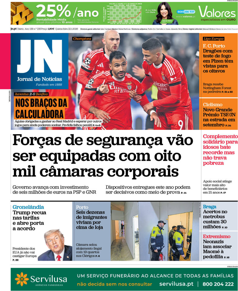 Jornal de Not&iacute;cias: Capa da Edi&ccedil;&atilde;o de quinta-feira, 22 de janeiro 2026
