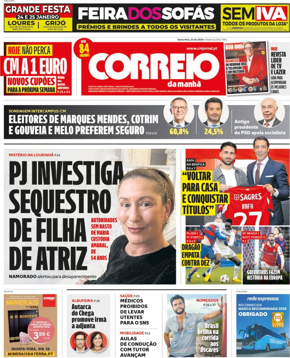 Correio da Manh&atilde;: Capa da Edi&ccedil;&atilde;o de sexta-feira, 23 de janeiro 2026