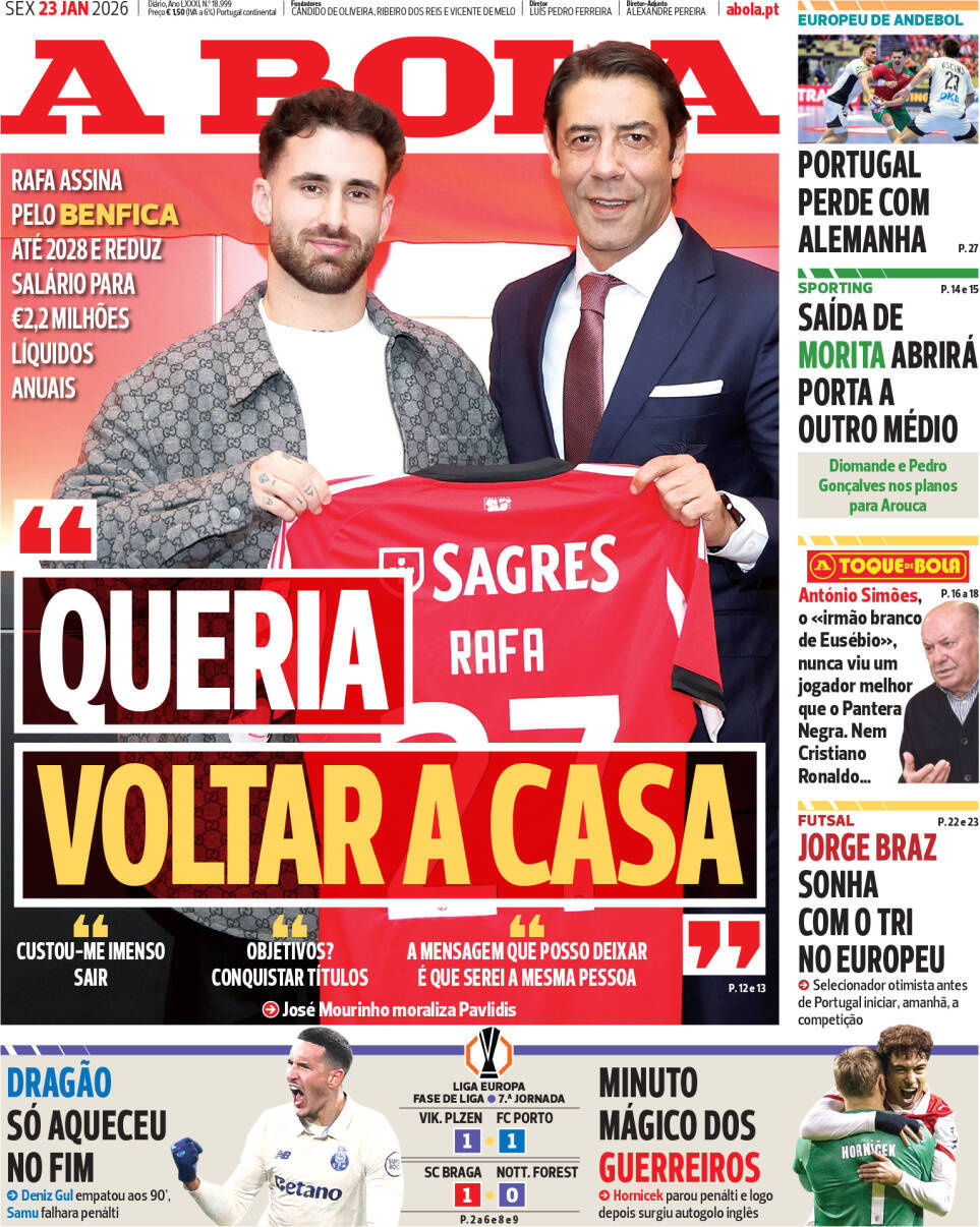 A Bola: Capa da Edi&ccedil;&atilde;o de sexta-feira, 23 de janeiro 2026