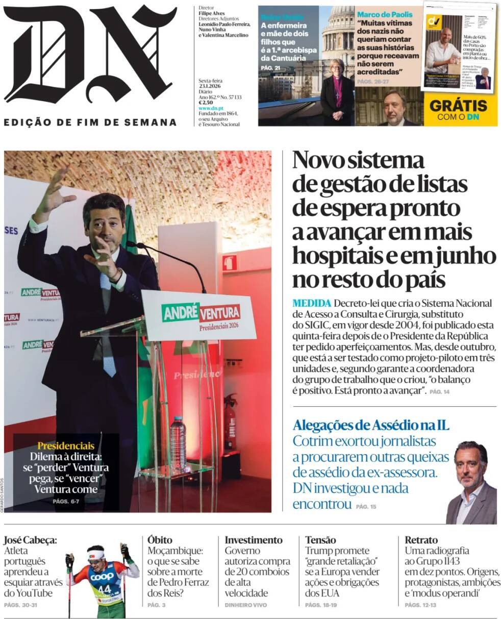 Di&aacute;rio de Not&iacute;cias: Capa da Edi&ccedil;&atilde;o de sexta-feira, 23 de janeiro 2026