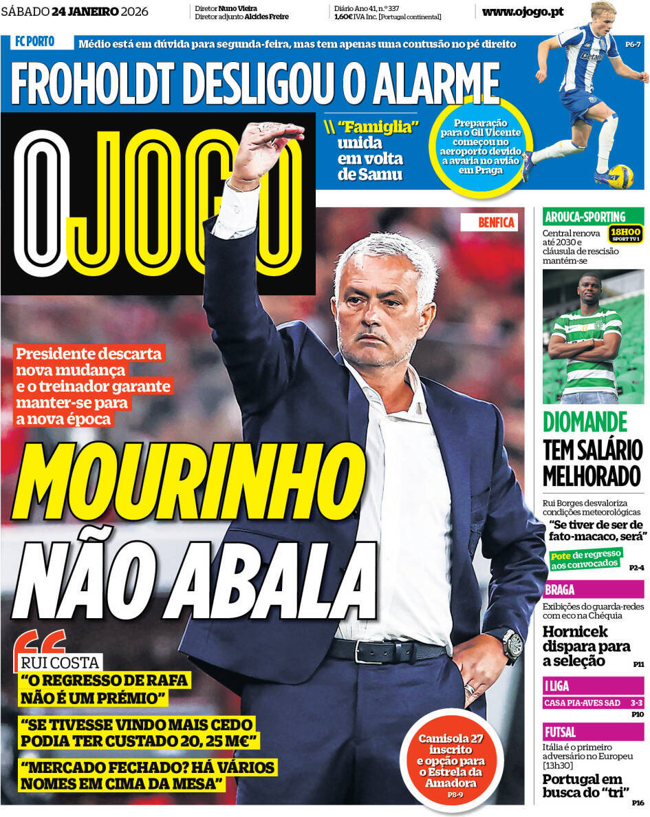 O Jogo: Capa da Edi&ccedil;&atilde;o de s&aacute;bado, 24 de janeiro 2026