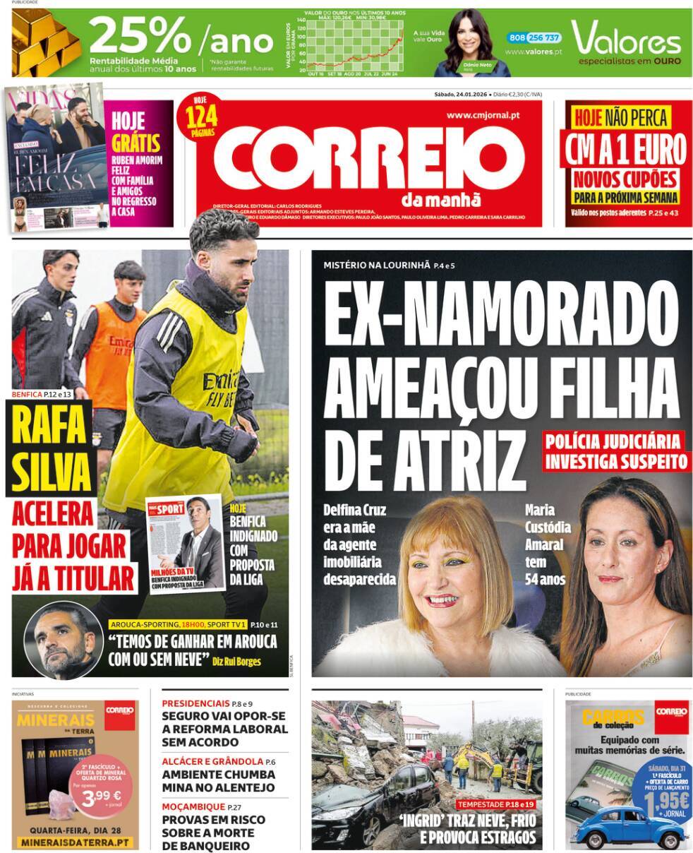 Correio da Manh&atilde;: Capa da Edi&ccedil;&atilde;o de s&aacute;bado, 24 de janeiro 2026
