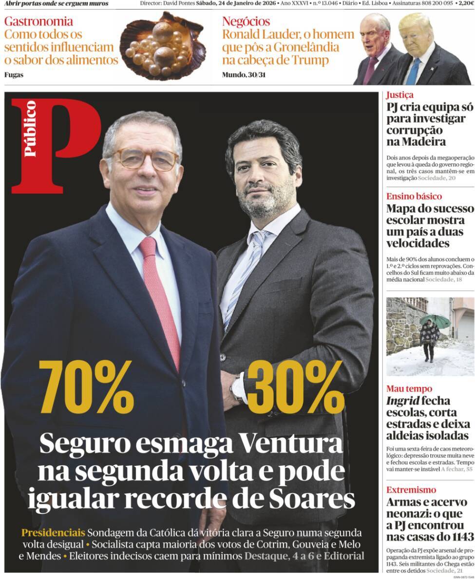 P&uacute;blico: Capa da Edi&ccedil;&atilde;o de s&aacute;bado, 24 de janeiro 2026