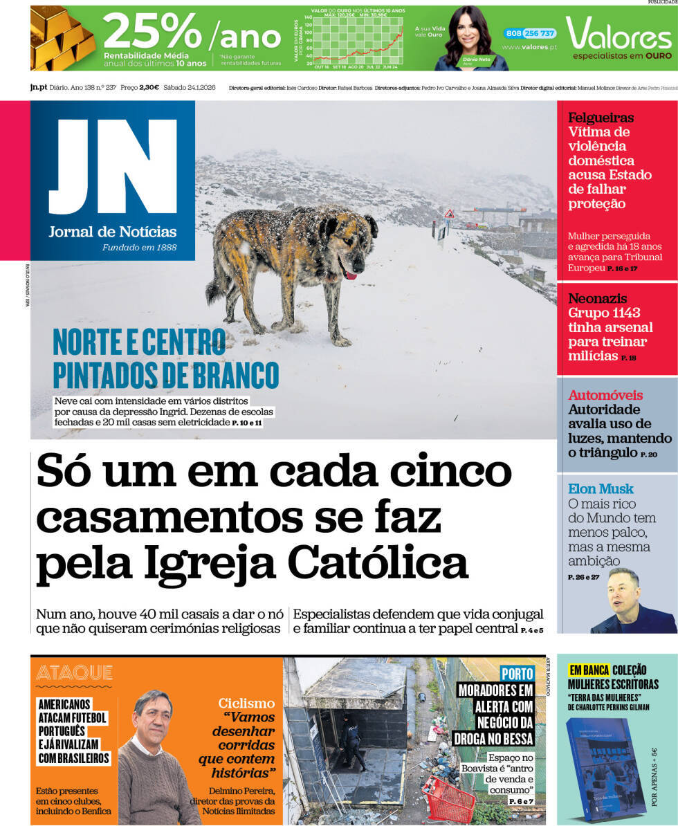 Jornal de Not&iacute;cias: Capa da Edi&ccedil;&atilde;o de s&aacute;bado, 24 de janeiro 2026