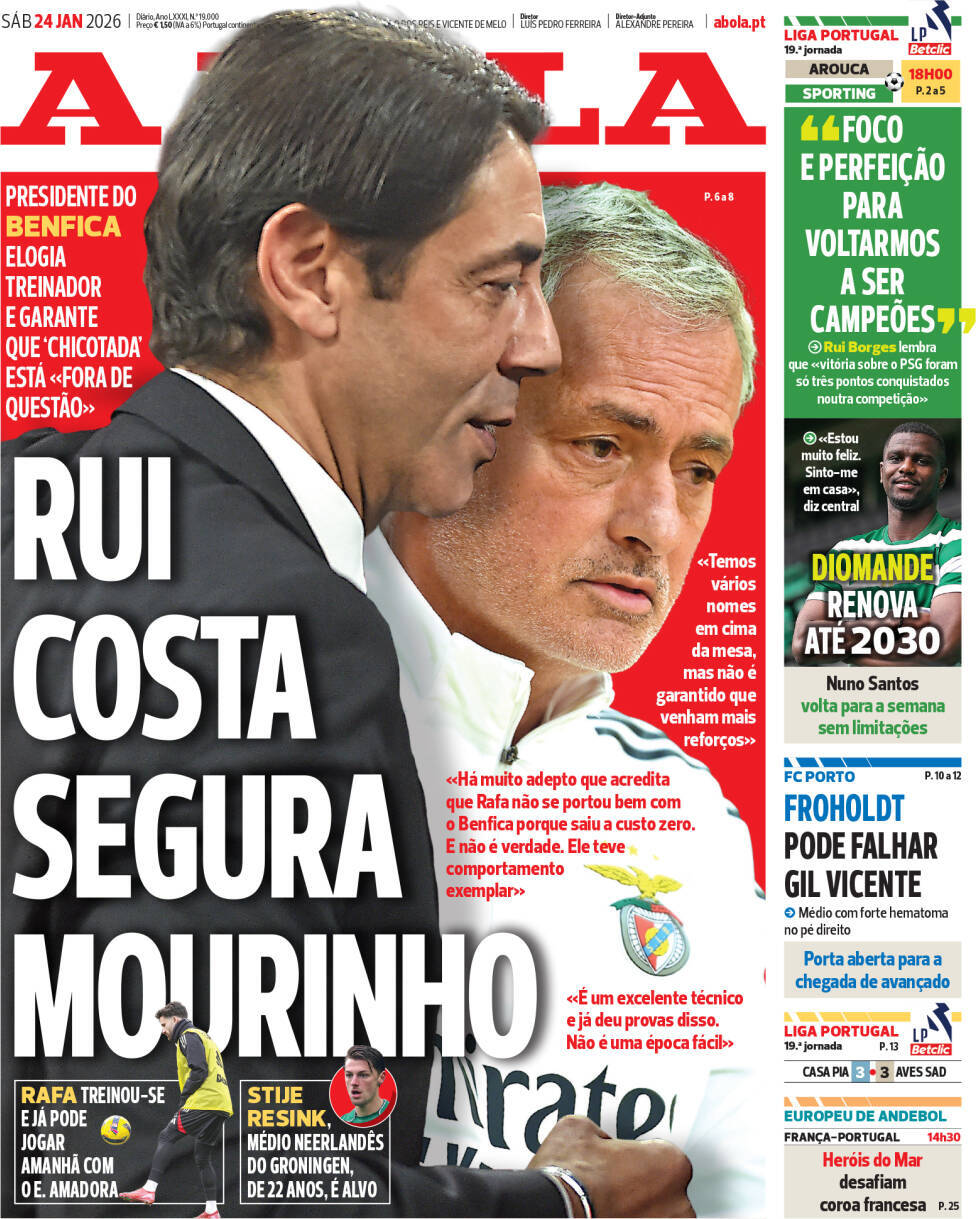 A Bola: Capa da Edi&ccedil;&atilde;o de s&aacute;bado, 24 de janeiro 2026