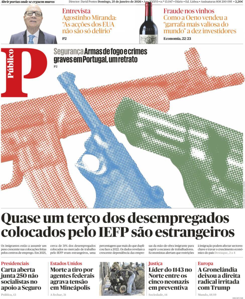 P&uacute;blico: Capa da Edi&ccedil;&atilde;o de domingo, 25 de janeiro 2026
