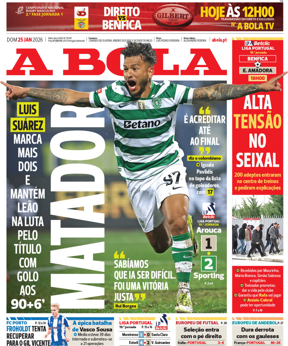 A Bola: Capa da Edi&ccedil;&atilde;o de domingo, 25 de janeiro 2026