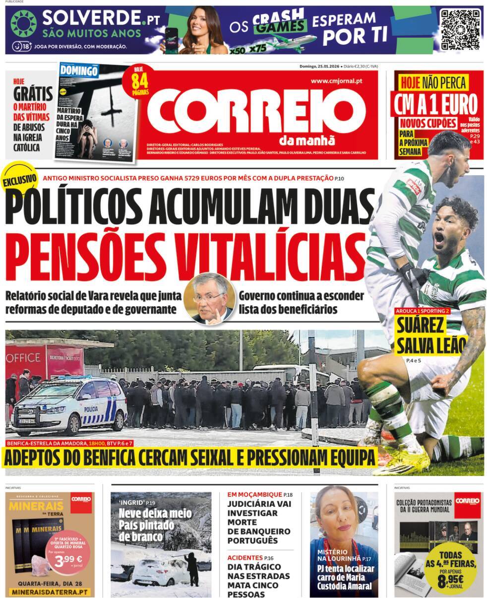 Correio da Manh&atilde;: Capa da Edi&ccedil;&atilde;o de domingo, 25 de janeiro 2026